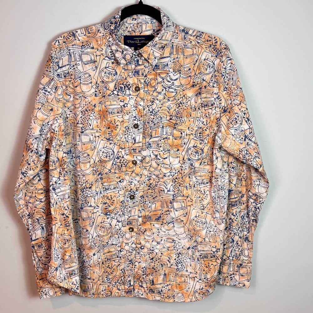 Pete Huntington Bali Handcrafted Trader Joes allover print hawaiian button up XL